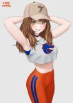  1girl absurdres arms_behind_head arms_up artist_name boise_state_university breasts brown_hair carlo_montie choker crop_top grey_background hat heart highres looking_at_viewer medium_breasts navel orange_pants pants smile tight tight_pants yellow_eyes yoga_pants 
