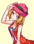  1girl blonde_hair blue_eyes closed_mouth collarbone flew_chicken hat highres looking_at_viewer pokemon pokemon_(anime) pokemon_xy_(anime) serena_(pokemon) short_hair simple_background smile solo 