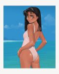 1990s_(style) 1girl ass backless_swimsuit bangs black_hair border brown_eyes dark-skinned_female dark_skin english_commentary from_behind grey_border hair_behind_ear hands_on_hips looking_at_viewer looking_back one-piece_swimsuit original pink_swimsuit retro_artstyle sky smile solo swimsuit yue_(yung_n_dum_) 
