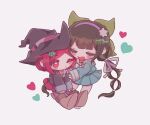  2girls ameko53133 bangs black_shirt blush boots brown_legwear chabashira_tenko chibi danganronpa_(series) danganronpa_v3:_killing_harmony eyebrows_visible_through_hair green_shirt green_skirt hair_ornament hairclip hat heart highres hug jacket knee_boots long_hair long_sleeves miniskirt mole mole_under_mouth multiple_girls one_eye_closed open_mouth pleated_skirt red_eyes red_hair red_skirt school_uniform shirt shoes short_hair skirt sleeves_past_wrists smile star_(symbol) witch_hat yumeno_himiko 