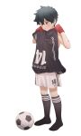  1boy ball bandaged_arm bandaged_leg bandages black_legwear black_shirt commentary gloves highres kemono_jihen kusaka_kabane looking_down luye_yuan male_focus red_eyes red_gloves shirt shorts simple_background soccer soccer_ball soccer_uniform sportswear white_background white_shorts 