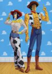  1boy 1girl absurdres adjusting_clothes adjusting_headwear animal_print arm_at_side artist_name bandana belt belt_buckle black_hair blue_background bob_cut boots breasts brown_belt brown_eyes brown_footwear brown_headwear buckle chaps cloud_print commentary cosplay cow_print cowboy_bebop cowboy_boots cowboy_hat denim english_commentary faye_valentine finger_gun frilled_shirt frills full_body green_eyes hand_on_hip hat height_difference highres holster index_finger_raised jeans jessie_the_yodeling_cowgirl jessie_the_yodeling_cowgirl_(cosplay) lips lipstick looking_at_viewer luzemjapones makeup medium_breasts messy_hair open_clothes open_vest pants plaid plaid_shirt purple_hair raised_eyebrow raised_eyebrows red_bandana red_headwear red_lips shaded_face sheriff sheriff_badge sheriff_woody sheriff_woody_(cosplay) shirt short_hair side-by-side signature smile spike_spiegel spurs standing thick_eyebrows thumbs_up tight tight_shirt toy_story upturned_nose vest wallpaper_(object) white_shirt wooden_floor yellow_shirt 