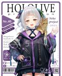  1girl :d absurdres animal_on_shoulder bangs barcode black_jacket black_ribbon blush cat cat_on_shoulder commentary cover cowboy_shot fake_cover hair_ribbon hand_on_hip highres hololive jacket long_hair long_sleeves looking_at_viewer magazine_cover murasaki_shion nail_polish purple_nails qr_code ribbon round_teeth silver_hair smile solo standing teeth translation_request upper_teeth virtual_youtuber yellow_eyes yoshikawa_hiro 