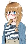  1girl absurdres bangs blonde_hair blue_eyes blunt_bangs braid breasts glasses haiokumantan high-waist_pants highres looking_at_viewer original simple_background solo twin_braids white_background 