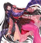  1girl bangs black_hair black_skirt blunt_bangs coat dutch_angle fate/grand_order fate_(series) highres long_hair long_scarf looking_at_viewer nail_polish natsujiru neckerchief open_clothes open_coat open_mouth oryou_(fate) pantyhose pink_coat pink_eyes pink_legwear pleated_skirt purple_scarf red_nails red_neckerchief scarf school_uniform serafuku skirt smile solo v-shaped_eyebrows very_long_hair white_background 