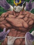  1boy abs bara bulge crossed_arms dark-skinned_male dark_skin disembodied_limb ear_piercing extra_arms fundoshi helmet highres japanese_clothes looking_at_viewer male_focus muscular muscular_male navel pectoral_lift pectorals piercing pon20021202 see-through shiva_(housamo) solo thick_thighs thighs tokyo_afterschool_summoners topless_male veins wet_fundoshi white_male_swimwear 