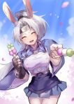  1girl animal_ears asymmetrical_gloves azur_lane blue_skirt blue_sky breasts cleavage closed_eyes fingerless_gloves food gloves hiryuu_(azur_lane) holding holding_food long_hair medium_breasts metal_hairband microskirt moji_(mojimozis) open_mouth petals rabbit_ears sakuramon shirt skirt sky solo white_shirt wide_sleeves 