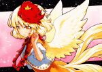 1girl animal_on_head bird bird_on_head bird_tail bird_wings blonde_hair brown_dress chick chicken dress feathered_wings multicolored_hair niwatari_kutaka on_head orange_dress qqqrinkappp red_hair red_neckwear shirt solo tail tail_feathers touhou traditional_media two-tone_hair white_shirt wings yellow_wings 