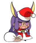  1girl :d alternate_costume animal_ears bangs blush chibi christmas dark-skinned_female dark_skin drawlightshinesweet earrings fate/grand_order fate_(series) fur-trimmed_jacket fur_trim gift_bag hat holding holding_sack hoop_earrings jacket jewelry long_hair long_sleeves meme nitocris_(fate) padoru_(meme) pants purple_hair sack santa_costume santa_hat smile solo 