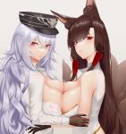  2girls absurdres akagi_(azur_lane) animal_ear_fluff animal_ears azur_lane black_headwear bra bra_peek breast_press breasts brown_gloves brown_hair brown_tail cleavage cleavage_cutout clothing_cutout eyebrows_visible_through_hair fox_ears fox_tail gloves graf_zeppelin_(azur_lane) hair_between_eyes hat highres ichikushi_mojibake kitsune kyuubi large_breasts light_purple_hair long_hair looking_at_viewer multiple_girls multiple_tails peaked_cap purple_eyes red_eyes shirt simple_background symmetrical_docking tail underwear upper_body white_background white_bra white_shirt 