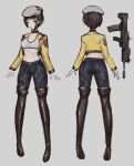  assault_rifle bangs beret black_footwear boots brown_hair character_sheet denim from_behind green_eyes grey_headwear gun hat highres jacket jeans looking_at_viewer mahou_arms midriff multicolored_hair navel official_art open_hands orange_hair pants qbz-97 rifle short_hair softmode sports_bra streaked_hair susan_(mahou_arms) thigh_boots thighhighs v-shaped_eyebrows weapon white_sports_bra yellow_jacket 
