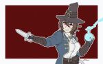  1girl agnes_tachyon_(umamusume) alain_sibon ascot bangs brown_hair capotain coat cosplay crossover dagger darkest_dungeon dress_shirt eyebrows_visible_through_hair eyes_visible_through_hair fingerless_gloves flask gloves gold_trim graverobber_(darkest_dungeon) graverobber_(darkest_dungeon)_(cosplay) hat holding holding_dagger holding_weapon horse_girl knife leather leather_gloves medium_hair messy_hair outside_border pouch red_background red_eyes reward_available round-bottom_flask shirt signature solo umamusume weapon white_shirt 