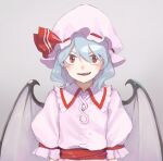  1girl bangs bat_wings blue_hair commentary_request grey_background hat hat_ribbon looking_at_viewer medium_hair mob_cap open_mouth pink_headwear pink_shirt red_eyes red_ribbon remilia_scarlet ribbon shiratama_(hockey) shirt short_sleeves simple_background smile solo touhou upper_body wings 