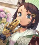  1girl bandaid blue_eyes brown_hair cellphone choker english_commentary flower fur_trim go-malniju hair_ornament hairclip highres iphone jacket jewelry looking_at_viewer necklace off_shoulder original phone plant potted_plant prosthesis shirt smartphone solo white_shirt 
