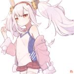  1girl animal_ears ark_kan azur_lane cowboy_shot fake_animal_ears fur_trim headband jitome laffey_(azur_lane) long_hair looking_at_viewer miniskirt petals pink_sweater pleated_skirt rabbit_ears red_eyes red_skirt signature simple_background skirt sweater tank_top thighhighs twintails white_background white_hair white_legwear 