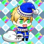  1boy :d aki_usagi alternate_costume arthur_pendragon_(fate) blonde_hair blue_headwear blush chibi christmas fate/grand_order fate_(series) fur-trimmed_jacket fur_trim gift_bag green_eyes hat highres holding holding_sack jacket long_sleeves male_focus meme padoru_(meme) pants sack santa_costume santa_hat smile solo 