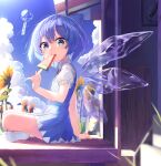  1girl absurdres bangs blue_bow blue_dress blue_eyes blue_hair blue_sky bow bowtie breasts cirno cloud cloudy_sky collar collared_shirt dress eating eyebrows_visible_through_hair flower food from_side fruit grass hair_between_eyes hand_up highres ice ice_cream ice_wings leaf light looking_at_viewer medium_breasts no_shoes open_mouth puffy_short_sleeves puffy_sleeves qqqq542 red_bow red_bowtie shadow shirt short_hair short_sleeves sitting sky socks solo stairs sunflower sunlight teeth touhou wall watermelon white_legwear white_shirt window wings 
