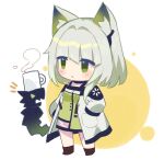  1girl animal_ear_fluff animal_ears arknights bangs cat_ears cat_girl chibi closed_mouth commentary cup dress green_dress green_eyes green_hair hands_in_pockets kal&#039;tsit_(arknights) long_hair mon3tr_(arknights) mug see-through xroxxro 