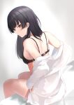  1girl absurdres bangs bare_legs bare_shoulders bed_sheet black_hair blunt_bangs blush breasts closed_mouth eyebrows_visible_through_hair from_behind highres idolmaster idolmaster_shiny_colors long_hair long_sleeves looking_at_viewer looking_back mayuzumi_fuyuko mm_(pomeme4) off_shoulder on_bed open_clothes open_shirt shirt sideboob simple_background sitting sitting_on_bed sleeves_past_wrists small_breasts solo undressing white_background white_shirt yellow_eyes 