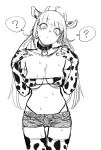  1girl ? @_@ absurdres animal_ears animal_print bangs bikini blunt_bangs blush breasts cleavage collar cow_ears cow_horns cow_print elbow_gloves eyebrows_visible_through_hair gloves greyscale haiokumantan highres horns long_hair looking_at_viewer monochrome navel original shorts simple_background sketch solo spoken_question_mark swimsuit thighhighs twintails white_background 