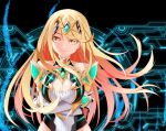  1girl bangs bare_shoulders blonde_hair breasts chest_jewel cleavage cleavage_cutout clothing_cutout dress earrings elbow_gloves gloves highres jewelry large_breasts long_hair mythra_(xenoblade) raynartfr short_dress solo swept_bangs tiara very_long_hair white_dress white_gloves xenoblade_chronicles_(series) xenoblade_chronicles_2 yellow_eyes 