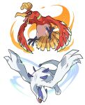  bird commentary_request fangs ho-oh lugia no_humans open_mouth orange_eyes pokemon pokemon_(creature) poyo_party talons toes tongue white_background 