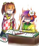  2girls angry apron aura bangs bell bowl_cut checkered checkered_kimono checkered_shirt closed_eyes coffee_mug commentary_request cup faceless flower hair_bell hair_flower hair_ornament hand_on_own_face hieda_no_akyuu highres japanese_clothes jingle_bell kimono motoori_kosuzu mug multiple_girls one-hour_drawing_challenge own_hands_together palms_together peroponesosu. purple_hair red_hair scroll shaded_face shirt short_hair simple_background sweatdrop touhou triangle_mouth twintails two_side_up white_background wide_sleeves yellow_kimono 