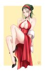  1girl breasts center_opening cleavage covered_nipples dress feet foot_dangle green_hair hairlocs headband headdress high_heels highres hitomi_ishigami jewelry large_breasts looking_at_viewer mature_female parted_lips plunging_neckline red_dress rinko_riban rosario+vampire sitting yellow_eyes 