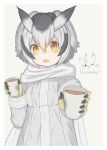  1girl absurdres bird_girl bird_wings blush check_commentary coat commentary_request cup eyebrows_visible_through_hair fur_trim gloves grey_coat grey_hair head_wings highres kemono_friends long_sleeves looking_at_viewer multicolored_hair northern_white-faced_owl_(kemono_friends) open_mouth orange_eyes owl_ears owl_girl pov scarf short_hair solo stroke_16777216 white_coat white_hair white_scarf wings yellow_gloves 