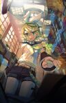  1girl absurdres bangs bare_shoulders belt belt_buckle blonde_hair bow buckle cable crying crying_with_eyes_open detached_sleeves flat_chest foreshortening green_eyes hair_bow hair_ornament hairclip headphones headset heart highres hologram kagamine_len kagamine_rin khazure kokoro_(vocaloid) light_particles looking_down midriff navel neckerchief open_mouth reaching_out ringed_eyes robot sailor_collar shirt short_hair shorts sleeveless sleeveless_shirt solo_focus staff_(music) swept_bangs tearing_up tears treble_clef vocaloid window yellow_nails yellow_neckerchief 