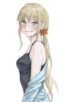  1girl bare_shoulders blonde_hair blue_eyes blush breasts crying crying_with_eyes_open grin haiokumantan long_hair looking_at_viewer off_shoulder original simple_background smile solo sweat tank_top tears white_background 