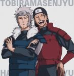  2boys armor black_hair brothers cowboy_shot crossed_arms facial_mark forehead_protector fur_trim highres japanese_armor long_hair looking_at_viewer male_focus multiple_boys naruto naruto_(series) ninja senju_hashirama senju_tobirama short_hair siblings spiked_hair tonta_(tonta1231) upper_body white_hair 