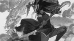  1girl absurdres action akali akali_(legacy) alternate_costume antlers arm_guards arm_up bangs blood_moon_akali blunt_bangs commentary dragon dual_wielding eastern_dragon english_commentary eyeliner feet_out_of_frame greyscale highres holding holding_sword holding_weapon japanese_clothes kama_(weapon) kimono knee_up league_of_legends lips long_hair long_sleeves looking_at_viewer makeup mask mask_on_head monochrome obi outstretched_arm ribbon-trimmed_sleeves ribbon_trim sash short_kimono short_sword sickle sidelocks sketch smirk solo sword thighhighs weapon wide_sleeves zeenchin 