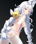  1girl :o absurdres animal_ear_fluff animal_ears ass azur_lane back backless_leotard bare_arms bare_shoulders blue_eyes braid breasts cowboy_shot from_behind hair_ornament hairclip haruka_poi highres le_malin_(azur_lane) le_malin_(listless_lapin)_(azur_lane) leotard long_hair looking_at_viewer looking_back manjuu_(azur_lane) medium_breasts open_mouth pantyhose rabbit_ears rabbit_tail revealing_clothes skindentation solo standing tail twin_braids twintails very_long_hair white_hair white_legwear white_leotard 