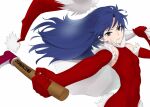  1girl axe bangs black_eyes blue_hair christmas closed_mouth commentary dress english_text foreshortening fur-trimmed_dress fur-trimmed_gloves fur_trim gloves halterneck hat hat_removed headwear_removed highres holding holding_axe holding_sack idolmaster idolmaster_(classic) kisaragi_chihaya light_frown long_hair looking_at_viewer over_shoulder red_dress red_gloves red_headwear sack santa_dress santa_hat short_dress simple_background solo wata_do_chinkuru white_background wind 
