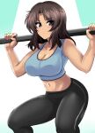 1girl absurdres aikir_(jml5160) black_pants blue_eyes blue_sports_bra blush breasts brown_hair cleavage closed_mouth collarbone el_(girls_und_panzer) eyebrows_visible_through_hair girls_und_panzer gym_pants highres large_breasts looking_at_viewer midriff navel pants shiny shiny_hair shiny_skin simple_background solo sports_bra sweat weightlifting 