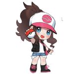  1girl :d bag baseball_cap black_vest blue_eyes blush boots brown_hair chibi commentary_request denim denim_shorts eyelashes hat high_ponytail hilda_(pokemon) holding holding_poke_ball long_hair looking_at_viewer notice_lines open_mouth poke_ball poke_ball_(basic) pokemon pokemon_(game) pokemon_bw rpp_pic shirt short_shorts shorts shoulder_bag sidelocks sleeveless sleeveless_shirt smile solo standing tongue vest white_shirt wristband 