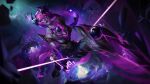  1girl armor bangs bare_shoulders breasts camille_(league_of_legends) character_request closed_mouth energy glowing green_background highres horns large_breasts league_of_legends looking_at_viewer magic multicolored_background orb pink_eyes pink_hair short_hair sinser_(99535) solo tagme 