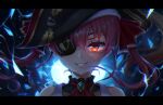  1girl artist_name bare_shoulders bicorne black_eyepatch black_headwear eyepatch glowing glowing_eye hair_ribbon hat heterochromia hololive houshou_marine jackmiho long_hair looking_at_viewer pirate pirate_hat portrait red_eyes red_hair red_ribbon ribbon signature smile solo twintails virtual_youtuber 