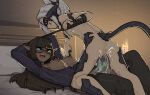  2girls anus ass au_ra bangs bed breasts brown_hair brown_legwear candle character_request dark-skinned_female dark_skin dragon_horns dragon_tail elezen elf eyebrows_visible_through_hair feet_out_of_frame final_fantasy final_fantasy_xiv futa_with_female futanari glasses grey_hair highres holding holding_leash horns interspecies large_breasts leash long_hair looking_at_another lying multiple_girls nipples nysoph_ageskel on_back on_bed open_mouth pointy_ears red-framed_eyewear sex shuuko_(s_h_uuko) small_breasts tail teeth thighhighs tongue tongue_out upper_teeth vaginal 