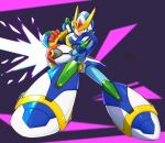 1boy android arm_cannon armor full_body gloves green_eyes helmet male_focus mega_man_(series) mega_man_x_(character) mega_man_x_(series) robot serious signature solo sword tobitori weapon 