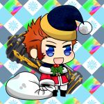  1boy :d aki_usagi alternate_costume blue_eyes blush brown_hair cannon chibi christmas facial_hair fate/grand_order fate_(series) fur-trimmed_jacket fur_trim gift_bag goatee hat highres holding holding_sack jacket long_sideburns long_sleeves male_focus meme napoleon_bonaparte_(fate) padoru_(meme) pants sack santa_costume santa_hat sideburns smile solo 