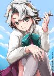  1girl akishimo_(kancolle) aqua_bow asymmetrical_hair bow bowtie brown_hair cloud cloudy_sky d-rev_g dated eyebrows_visible_through_hair flower gradient_hair grey_eyes grey_legwear hair_flower hair_ornament hair_twirling hand_in_hair hand_on_own_knee kantai_collection looking_at_viewer multicolored_hair one-hour_drawing_challenge purple_skirt school_uniform serafuku shirt short_hair short_hair_with_long_locks silver_hair sitting skirt sky smile thighhighs twitter_username white_shirt 