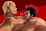  2boys 329 bad_id bad_pixiv_id bara between_pectorals blonde_hair blush completely_nude couple dark-skinned_male dark_skin eye_contact forked_eyebrows from_side gamagoori_ira head_between_pecs hug kill_la_kill kinagase_tsumugu large_pectorals looking_at_another male_focus mohawk multicolored_hair multiple_boys muscular muscular_male nipples nude pectorals short_hair sideburns thick_eyebrows two-tone_hair upper_body yaoi 