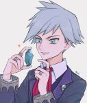  1boy aqua_eyes bangs collared_shirt commentary_request crystal grey_hair hands_up highres holding jacket long_sleeves male_focus necktie omochi_kuenai parted_lips pokemon pokemon_(game) pokemon_oras red_necktie shirt short_hair signature smile solo spiked_hair steven_stone upper_body white_shirt 