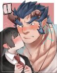  ! 1boy 1girl bara beard blush broken_horn dark_blue_hair demon_boy demon_horns ear_blush facial_hair fang fiery_horns hetero horns kiss kissing_cheek large_pectorals master_2_(housamo) mature_male muscular muscular_male pectoral_cleavage pectorals pointy_ears pon20021202 scar scar_on_neck short_hair sideburns size_difference solo_focus spoken_exclamation_mark stubble sweatdrop takemaru_(housamo) thick_eyebrows tokyo_afterschool_summoners upper_body veins 