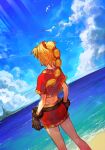 1girl beach bead_necklace beads bird blonde_hair brown_gloves chrono_cross cloud cowboy_shot day from_behind gloves hungry_clicker island jewelry kid_(chrono_cross) long_hair midriff necklace ocean outdoors ponytail red_shirt red_skirt seagull shirt short_sleeves skirt solo 