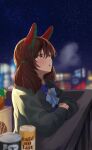  1girl animal_ears balcony blurry blurry_background blush bow bowtie breath brown_eyes brown_hair can canned_coffee cathy_idx city_lights crossed_arms ear_covers french_text highres horse_ears horse_girl horseshoe_ornament jacket medium_hair nice_nature_(umamusume) night plant potted_plant purple_bow purple_bowtie purple_shirt sailor_collar sailor_shirt school_uniform serafuku shirt snowing solo tracen_school_uniform twintails umamusume upper_body 