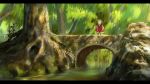  1girl bridge day dress forest front_ponytail full_body green_hair hair_ribbon kagiyama_hina letterboxed nature one-hour_drawing_challenge outdoors red_dress red_ribbon ribbon river skirt_hold solo suzu_(susan_slr97) touhou tree wide_sleeves 