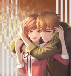  1boy 1girl bangs brown_eyes brown_hair closed_mouth did_shushu_draw_today?_(user_pnjm8342) green_eyes green_jacket highres hug jacket jewelry key lips long_hair luke_pearce_(tears_of_themis) necklace red_shirt rosa_(tears_of_themis) shirt short_hair sleeves_past_elbows smile tears_of_themis 